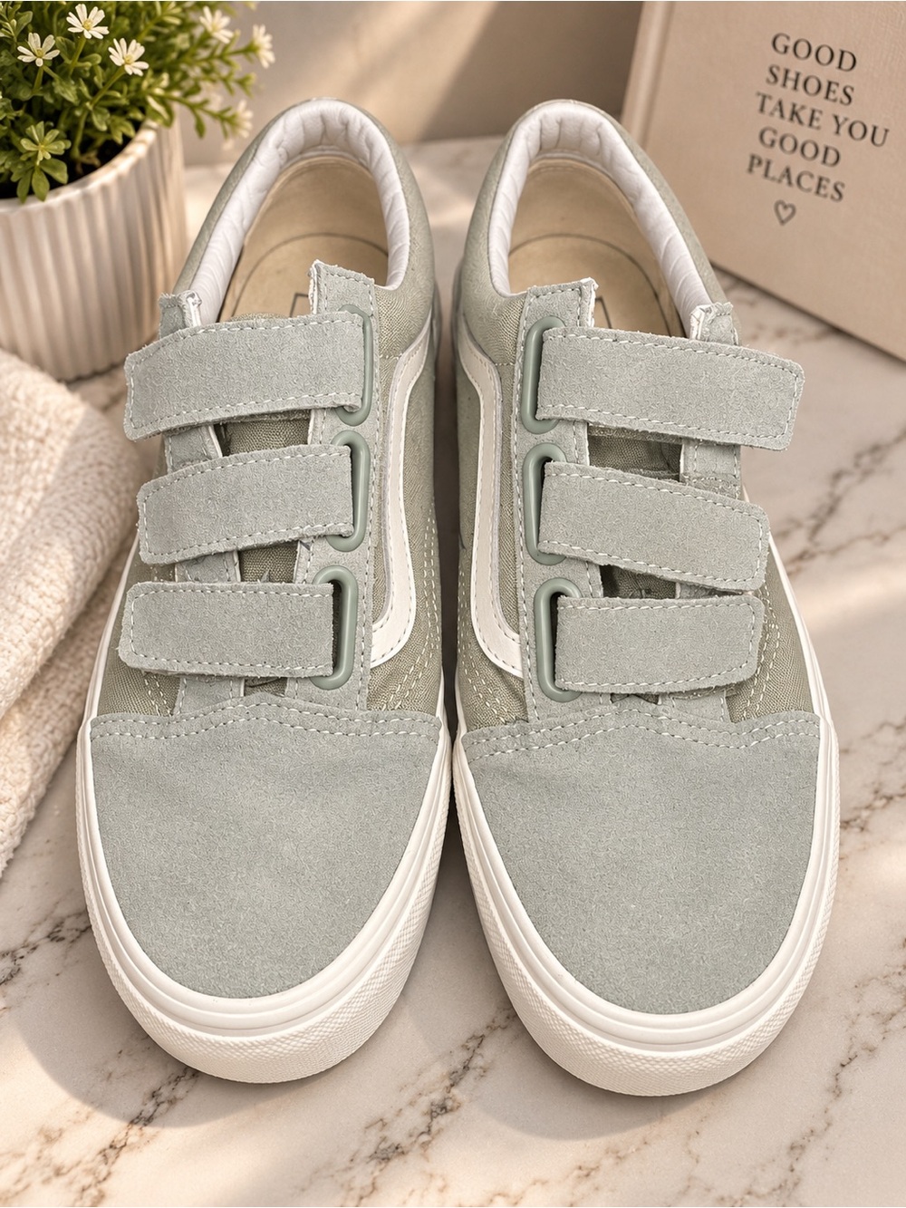 Vans Light Gray/Mint Green Suede Triple Velcro Sneakers